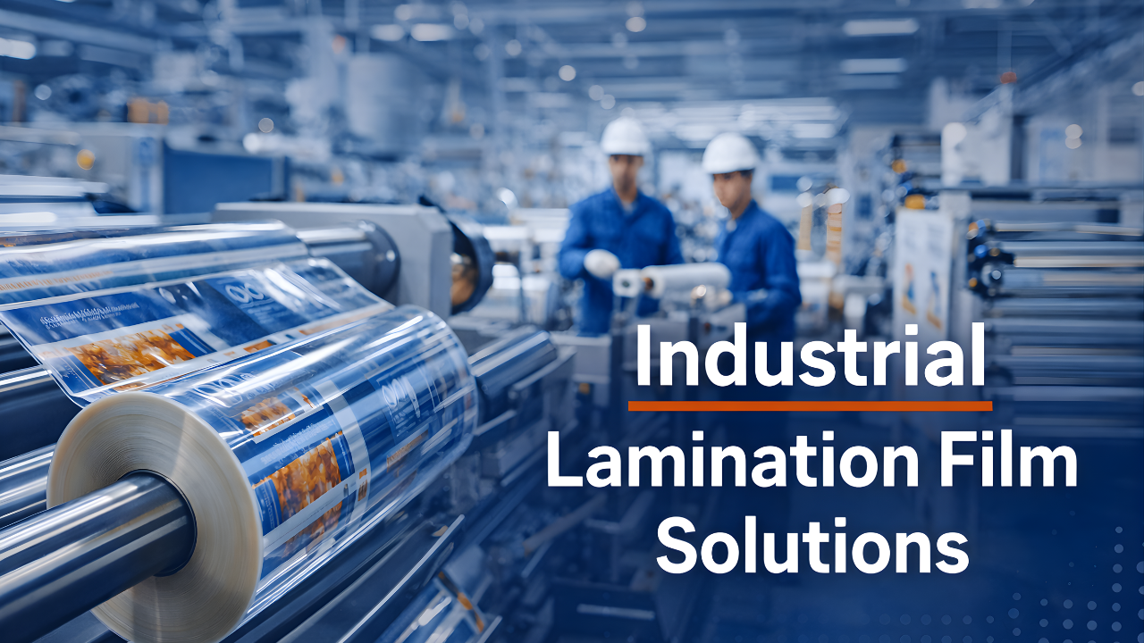 Industrial adhesive lamination film production line in Africa with printed packaging rolls and workers in manufacturing facility
