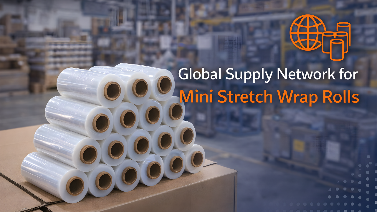 Mini stretch wrap rolls stacked in warehouse for global supply and industrial packaging applications in Africa