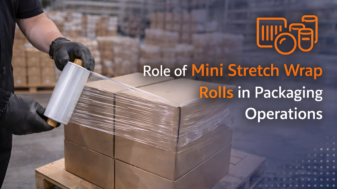 Worker using mini stretch wrap roll to secure boxes in Africa warehouse packaging and logistics operations