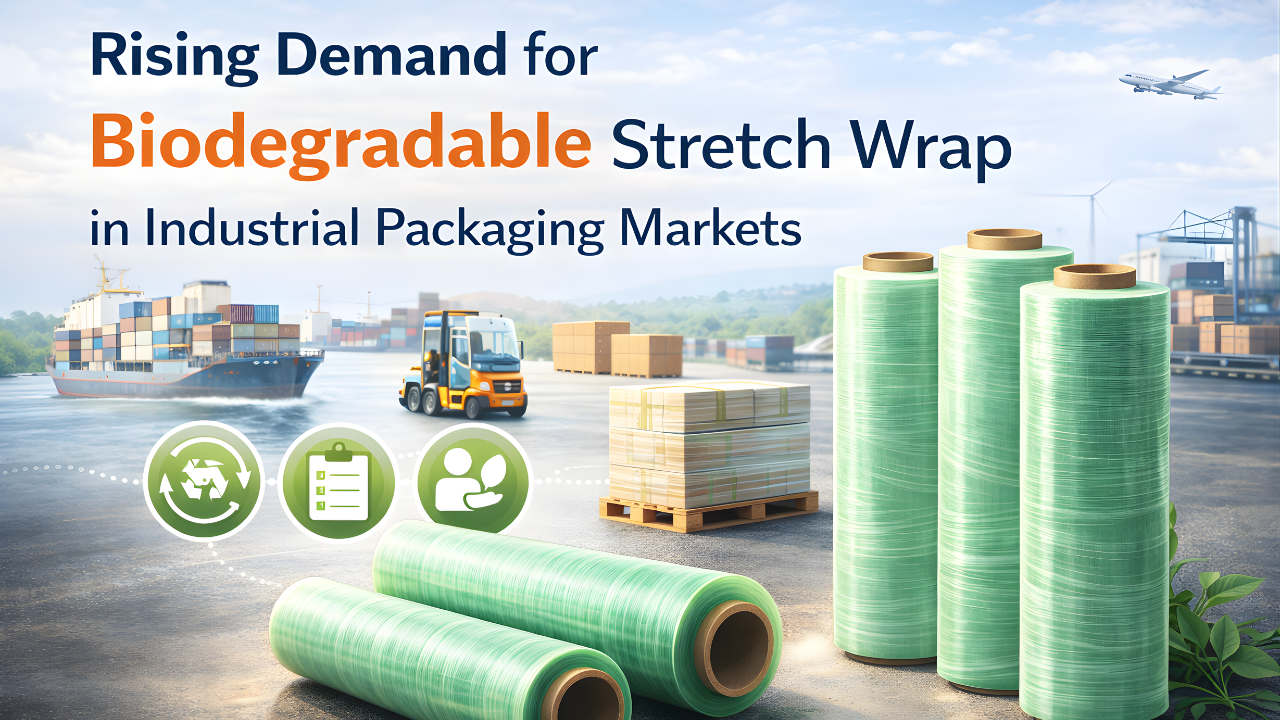 Biodegradable stretch wrap rolls and pallet packaging in Africa logistics hub for sustainable industrial packaging and export operations