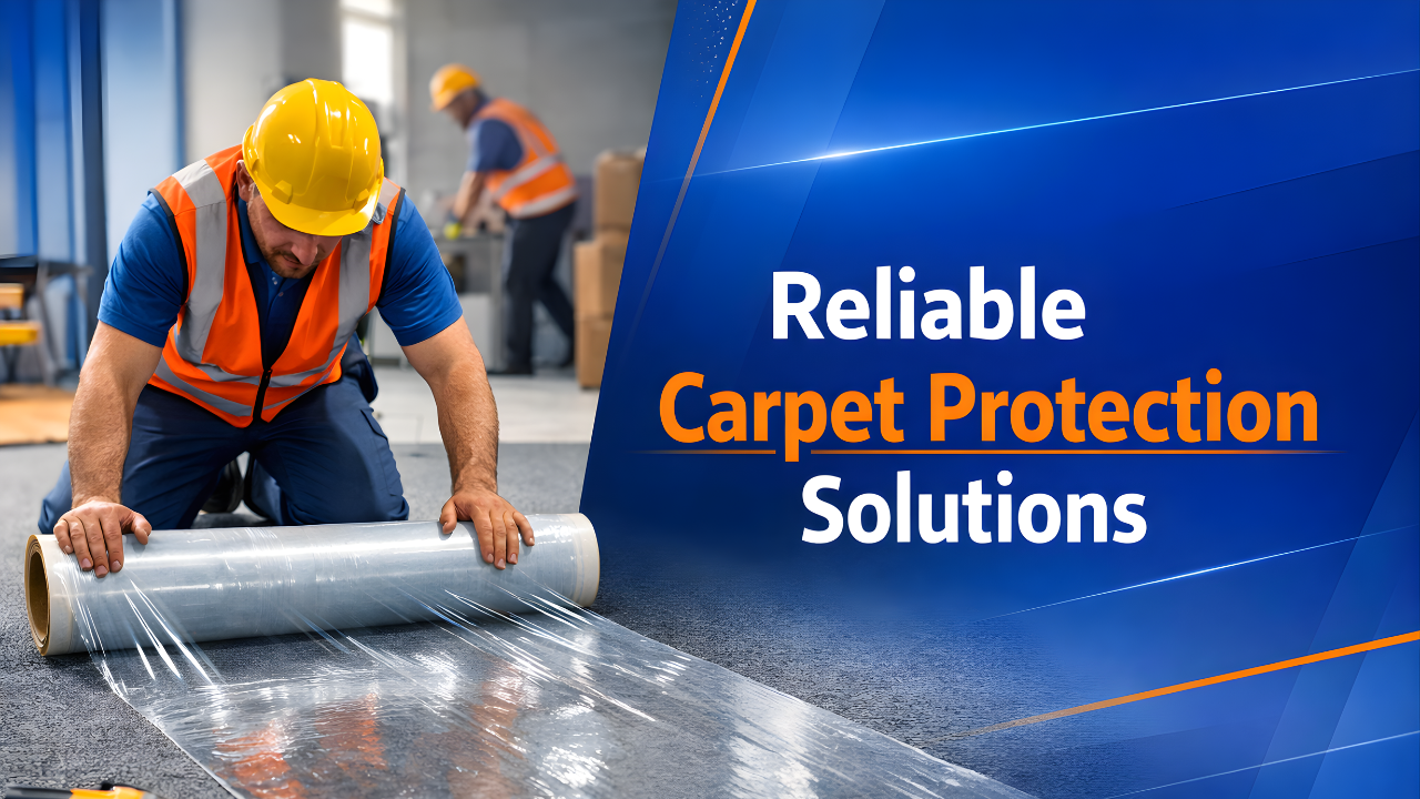 Worker applying carpet protection film in Africa construction site to protect flooring during industrial and renovation projects