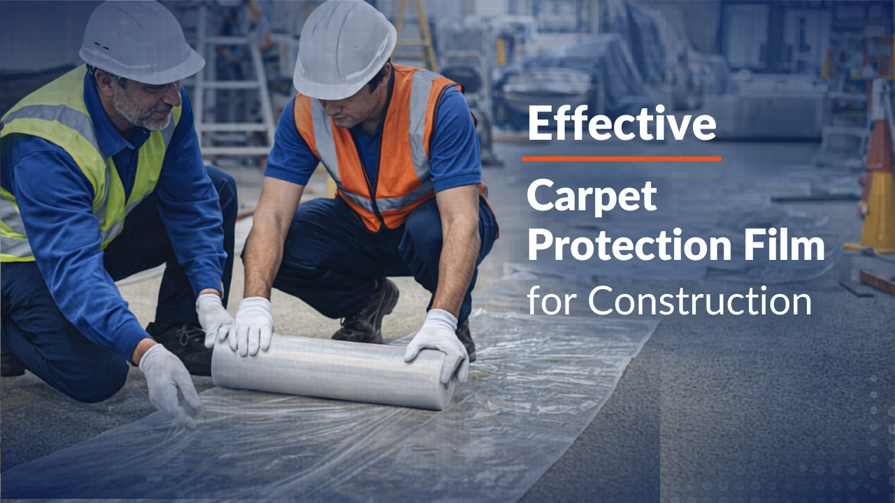 Workers applying carpet protection film in Africa construction site to protect flooring during renovation and industrial projects