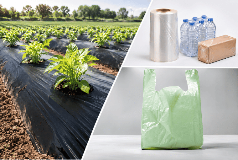 Films d’emballage et de paillage présentés dans leurs applications agricoles et commerciales