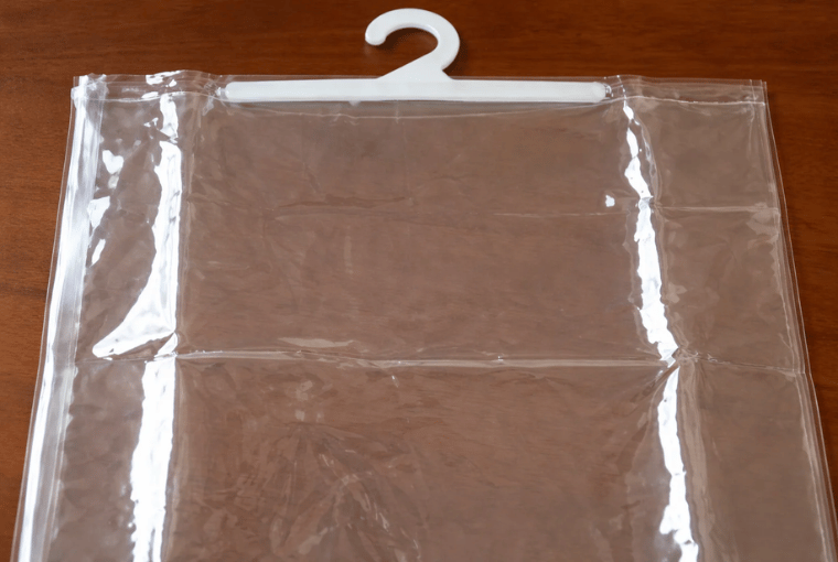 Sac en polyéthylène transparent avec crochet pour vêtements Sache transparente en polyéthylène pour vêtements avec crochet de suspension blanc