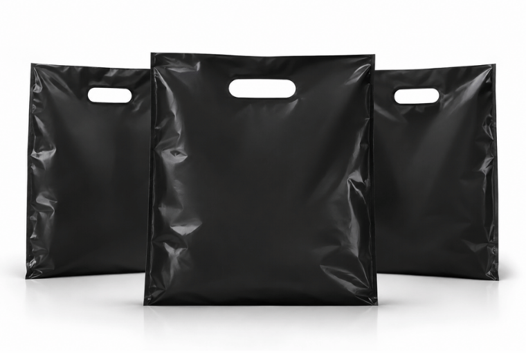 Sacs en plastique noirs à poignées découpées Trois sacs en plastique noirs à poignées découpées, présentés sur fond blanc.