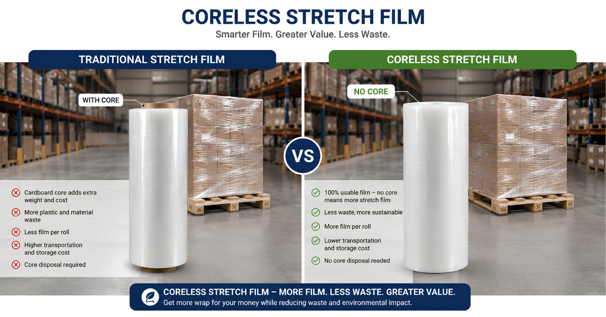 Coreless stretch film roll without cardboard core used for industrial packaging