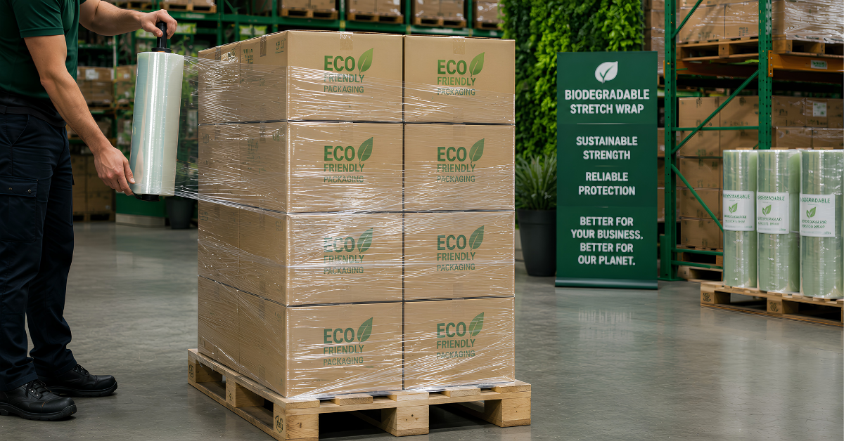 Eco friendly stretch wrap used for sustainable pallet packaging