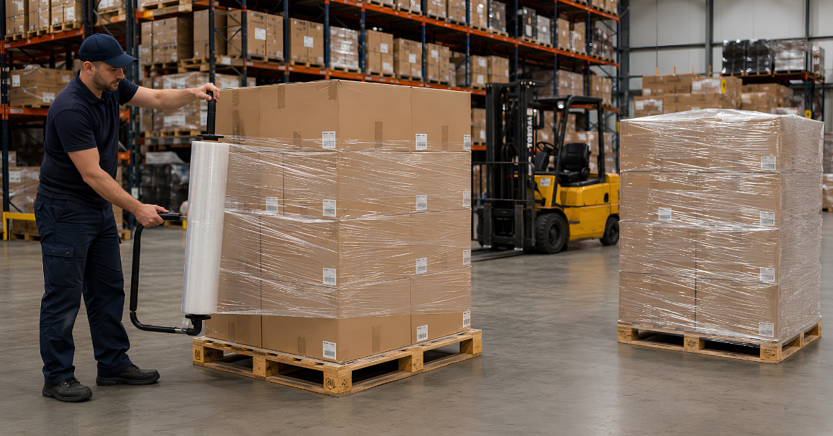 Warehouse worker wrapping pallet using hand stretch film