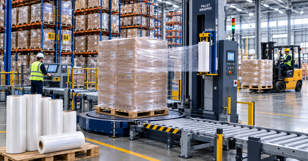 Automatic pallet wrapping machine using machine stretch film