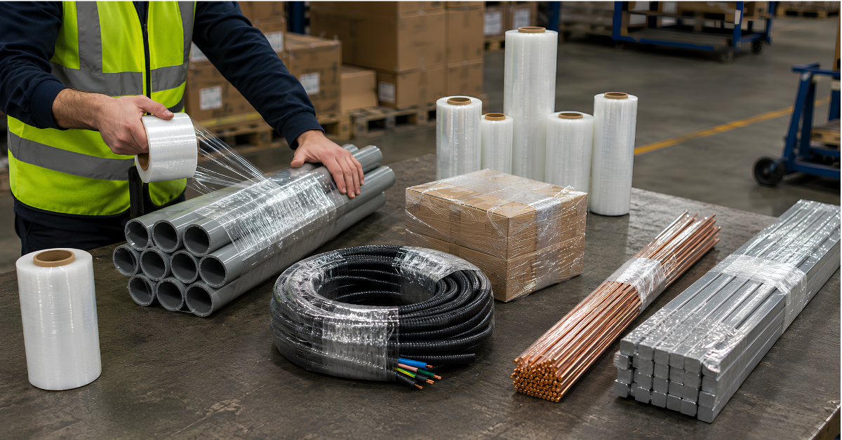 Mini stretch wrap rolls used for bundling industrial products