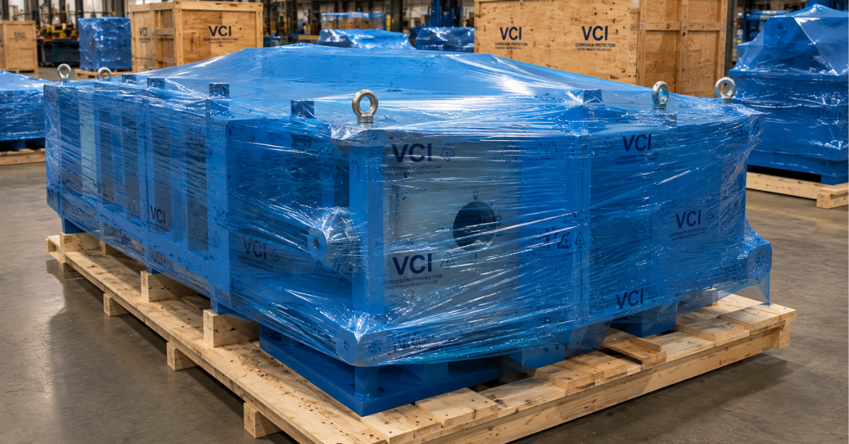VCI stretch wrap protecting metal components from corrosion
