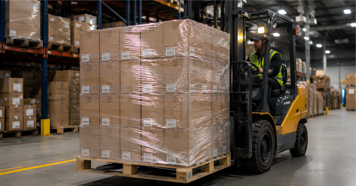 Stretch film securing palletized products during transportation