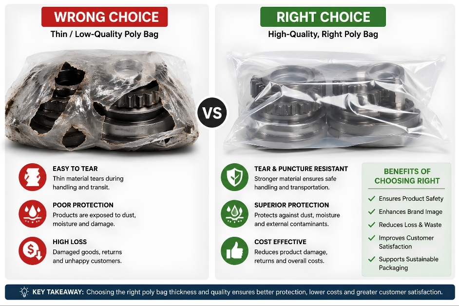 Comparison of a damaged thin poly bag and a durable polyethylene bag protecting industrial products, demonstrating the importance of choosing the right poly bag thickness.