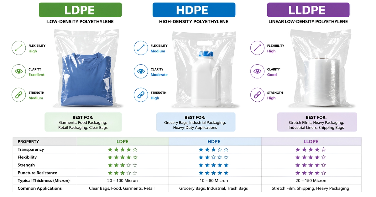 Comparison chart of LDPE, HDPE, and LLDPE poly bags showing differences in flexibility, transparency, strength, and common packaging applications.
