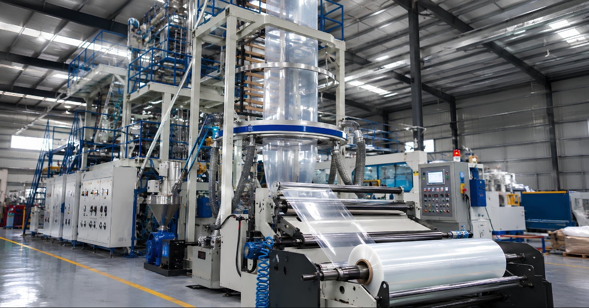 Industrial blown film extrusion machine producing transparent polyethylene film during the poly bag manufacturing process in a modern plastic packaging factory.
