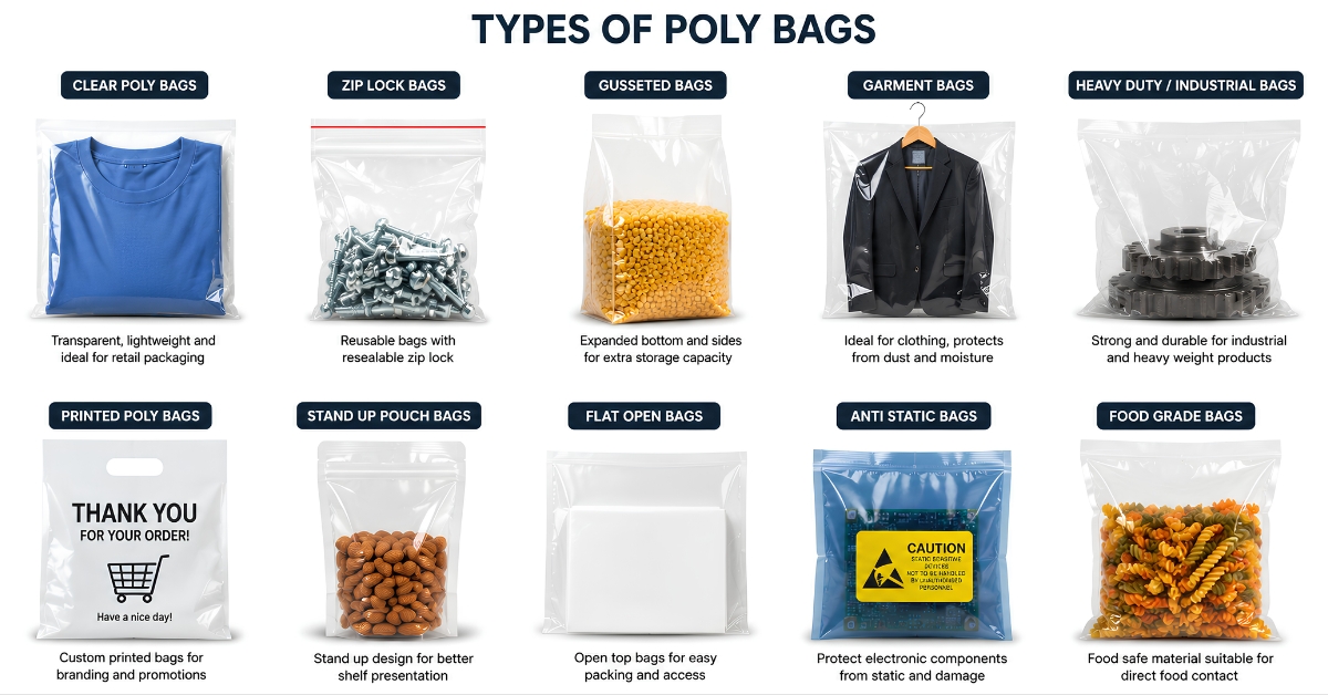 Illustration showing different types of poly bags, including clear poly bags, zip lock bags, gusseted bags, garment bags, food-grade bags, and industrial packaging bags.