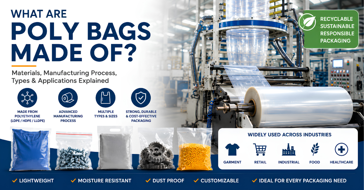 What are poly bags made of? Illustration showing polyethylene film manufacturing, different types of poly bags, and their packaging applications.