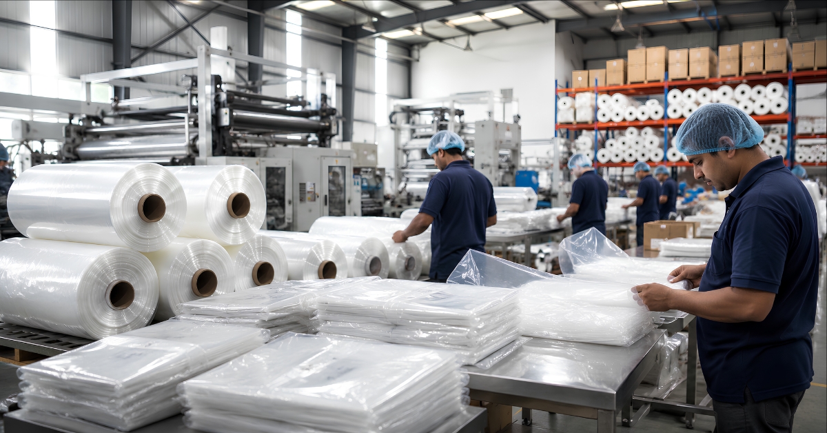 Modern packaging warehouse with transparent poly bags, polyethylene film rolls, and workers packaging products in a plastic bag manufacturing facility.