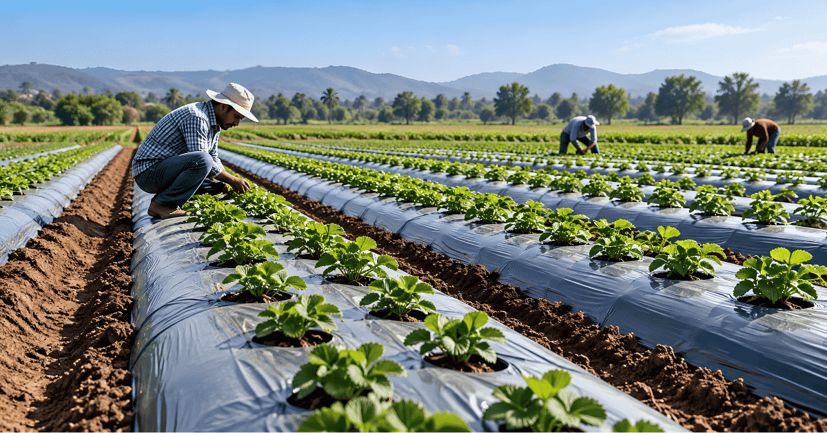 Agricultural mulch film covering crop beds in a commercial field