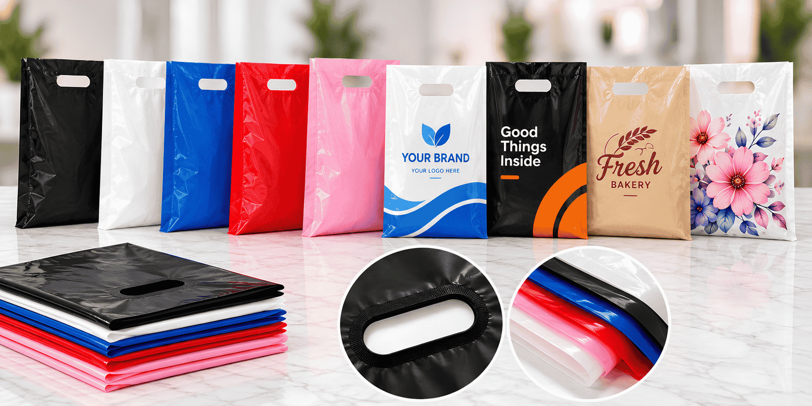 D Cut plastic bags in different colors with custom printed designs